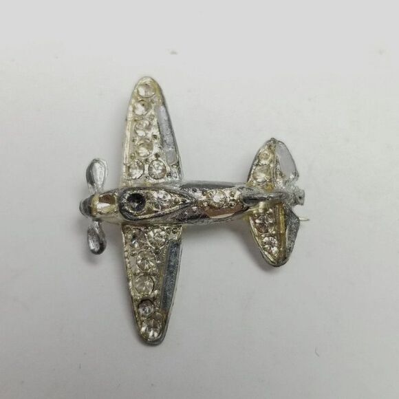 Vintage Rhinestone Airplane Brooch, Silver Tone C Clasp Pin, Estate - Picture 6 of 6